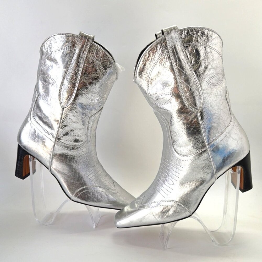 Steve Madden Josefine Western Boot Silver Leather Block Heel Calf Boots Size 8 - Picture 2 of 10